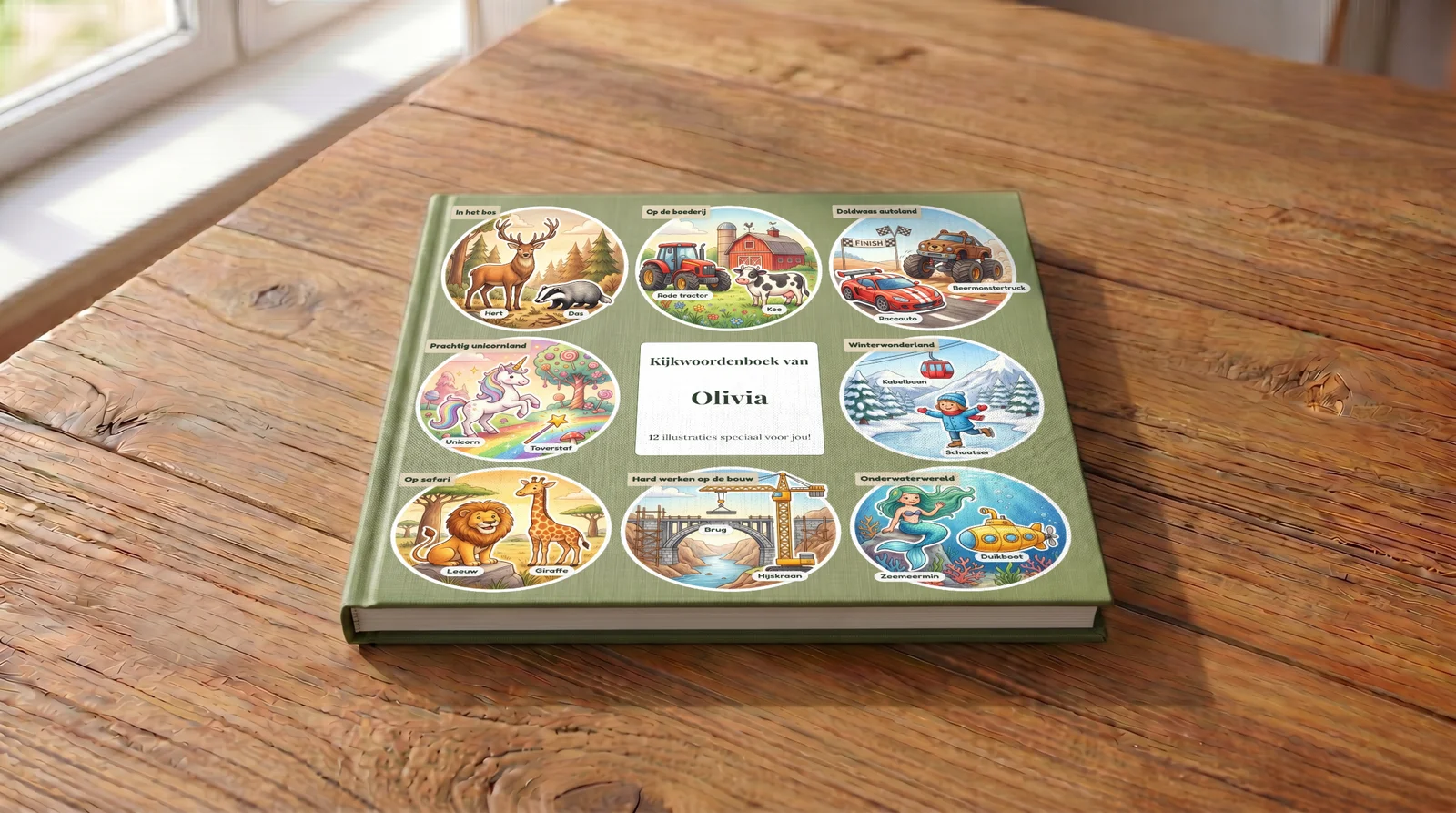 Voorkant van een kijkwoordenboek met de naam van het kind groot op de cover