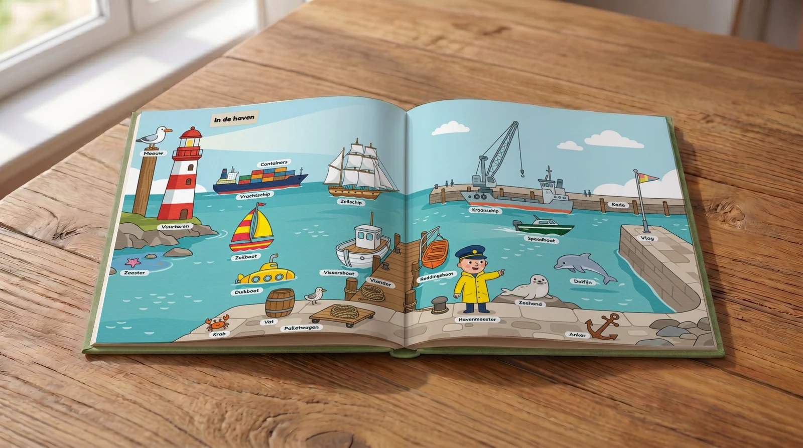 Opengeslagen gepersonaliseerd kijkwoordenboek met twee kleurrijke platen vol voorwerpen en woordjes