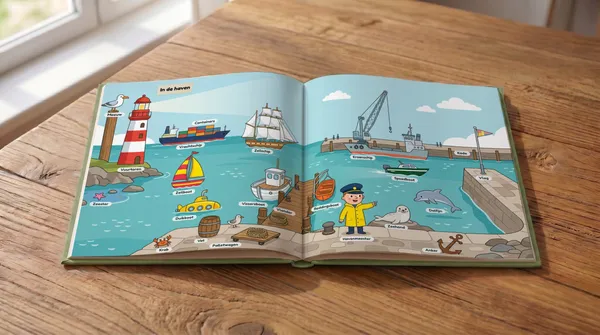 Opengeslagen kijkwoordenboek met twee kleurrijke platen vol voorwerpen en woordjes
