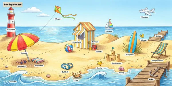 Resultaat-illustratie Een dag aan zee in kleurpotloodstijl: een strand met vuurtoren, parasol, zandkasteel en zeedieren, elk met een woordje erbij