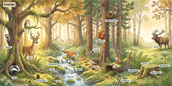 Resultaat-illustratie In het bos in aquarelstijl: een bos met hert, uil, vos en eekhoorn bij een beekje, elk met een woordje erbij