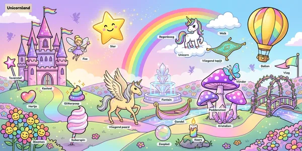 Resultaat-illustratie Unicornland in cartoonstijl: een sprookjeswereld met eenhoorn, kasteel, regenboog en sterren, elk met een woordje erbij