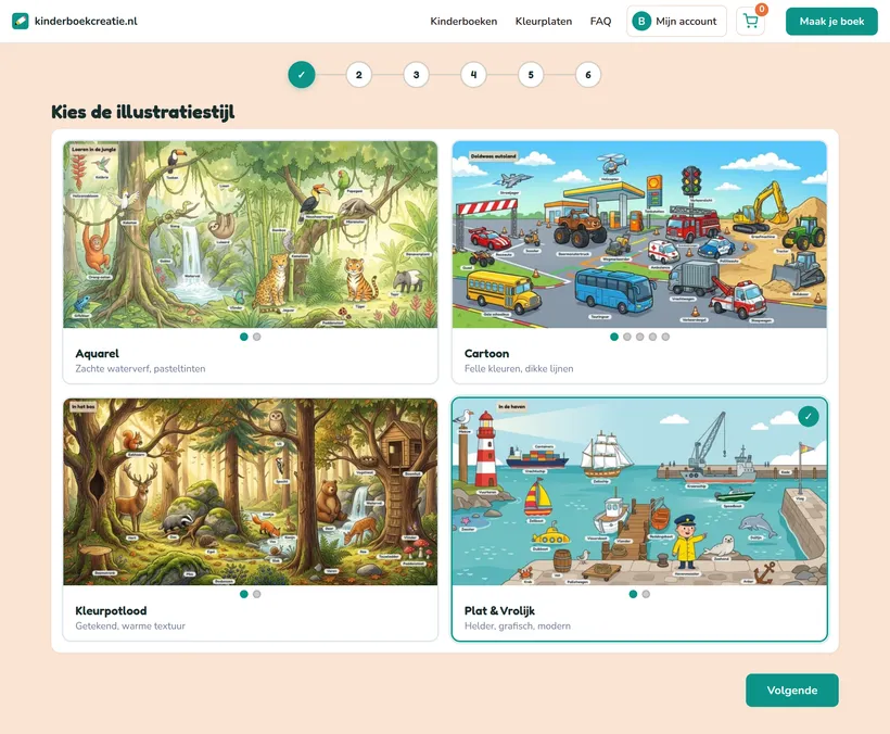 Stap 1 in de creator: kies de illustratiestijl, met vier voorbeeldkaarten voor aquarel, cartoon, kleurpotlood en plat en vrolijk