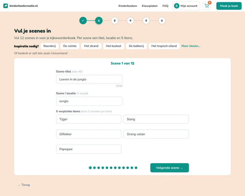 Stap 2 in de creator: een scene invullen met titel, locatie en vijf items zoals tijger, slang, gifkikker, orang-oetan en papegaai