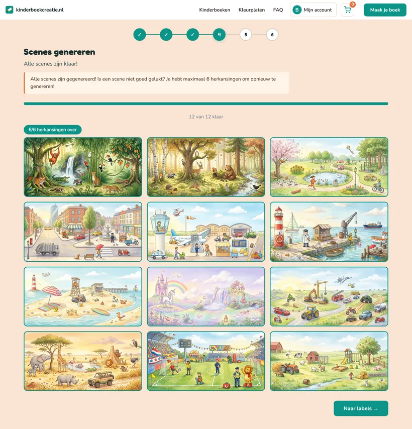 Stap 4 in de creator: alle 12 scenes zijn gegenereerd en staan als kleurrijke illustraties in een raster