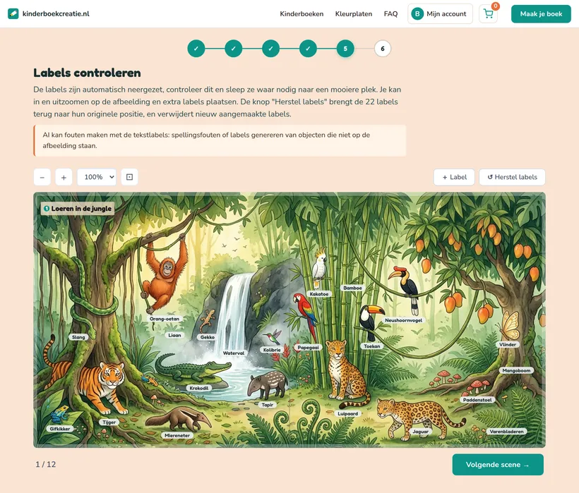 Stap 5 in de creator: een jungle-illustratie met automatisch geplaatste woordlabels bij elk dier en voorwerp