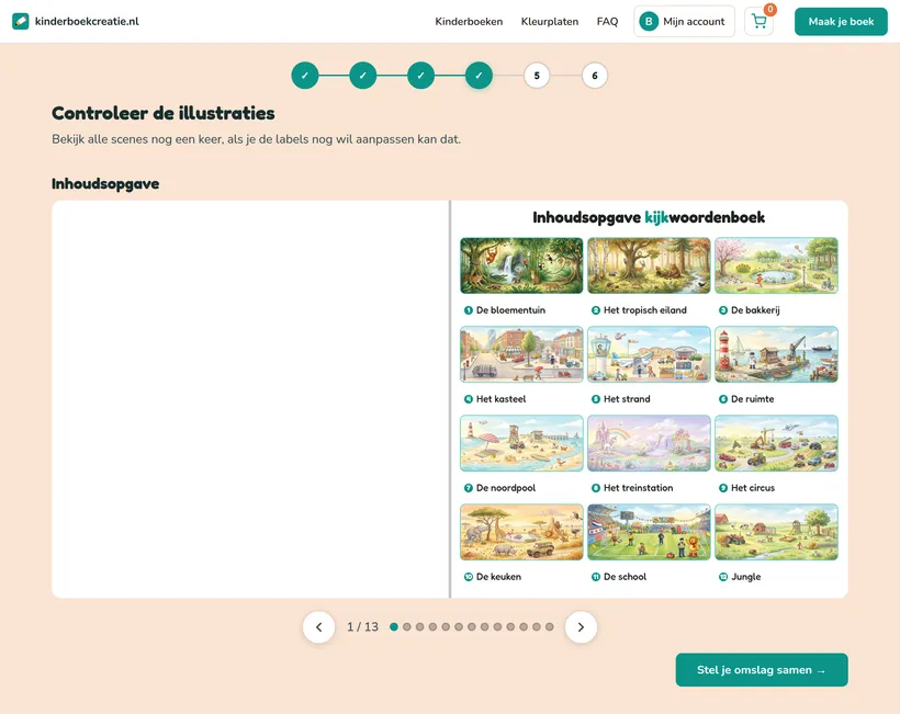 Het overzicht in de creator: de inhoudsopgave met kleine voorbeelden van alle 12 scenes, met navigatiepijlen om pagina voor pagina door het boek te bladeren