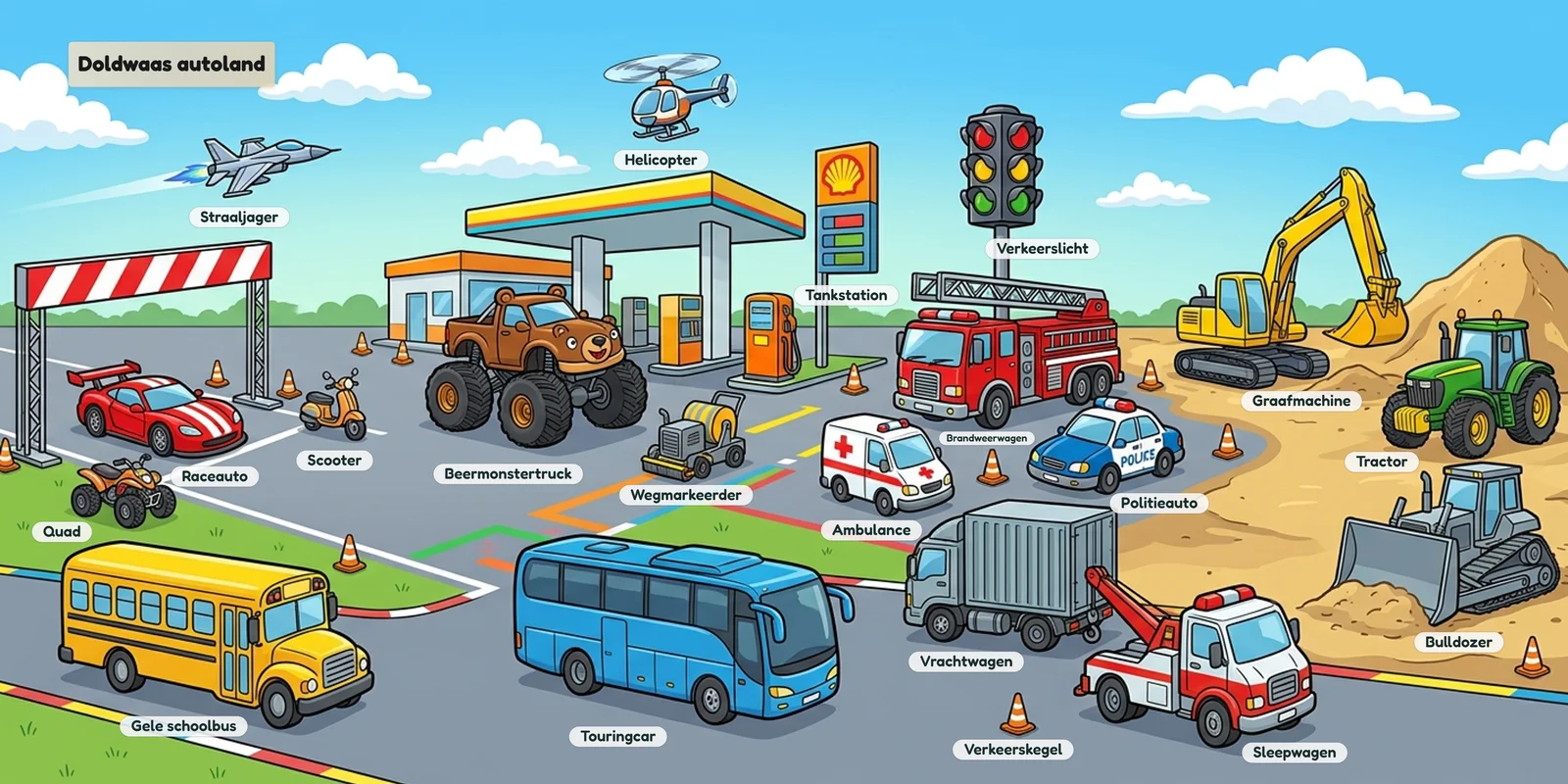 Zoekplaat met auto's en voertuigen in cartoonstijl, elk met een woordje erbij