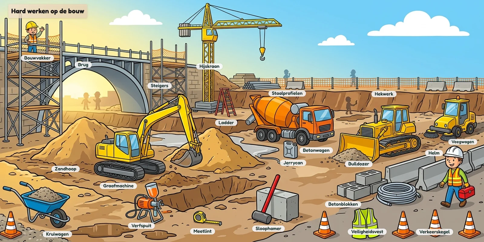 Voorbeeldscene bouwplaats in cartoonstijl vol machines met woordjes