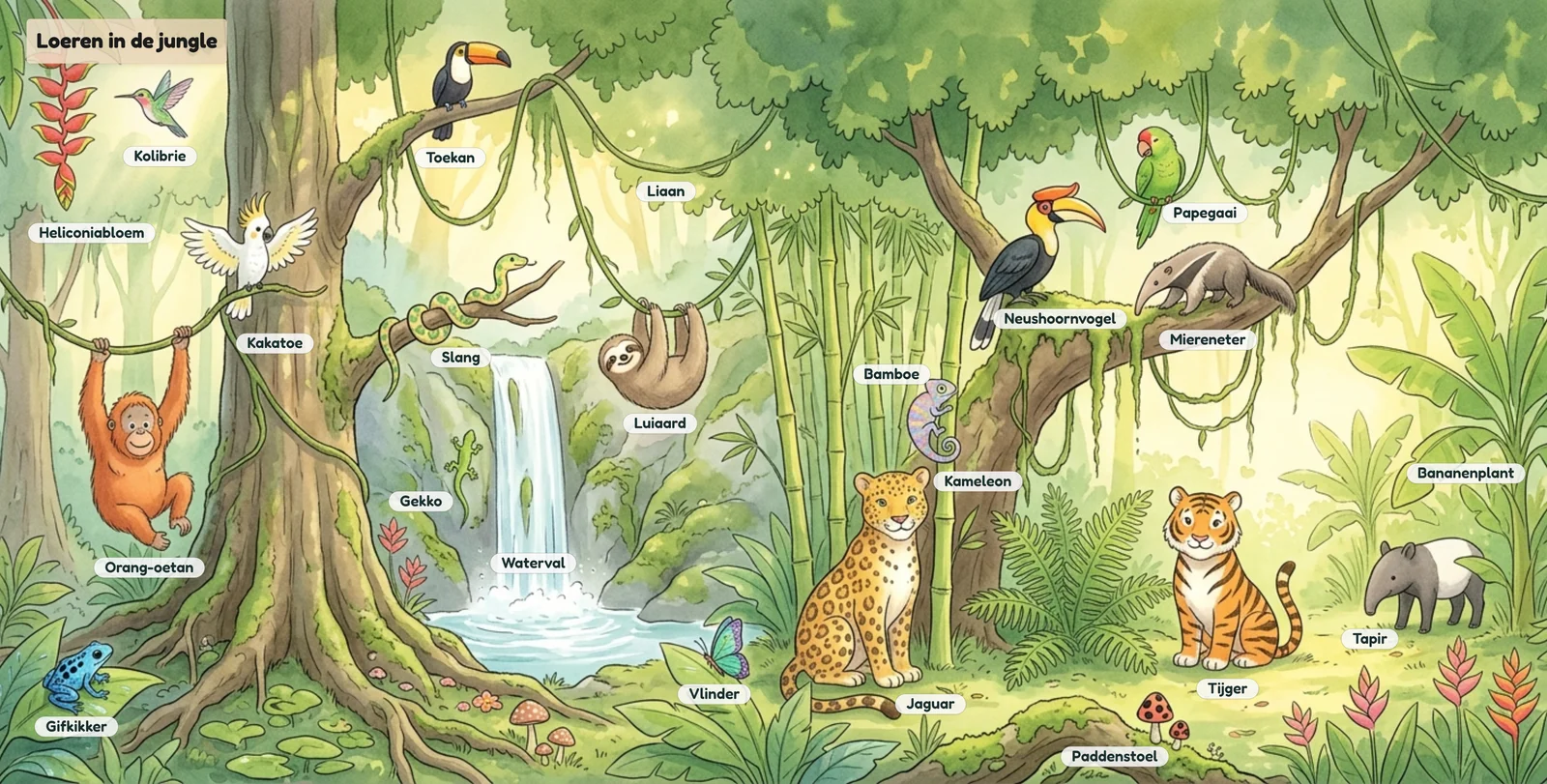Voorbeeldscene jungle in aquarelstijl vol dieren met een woordje bij elk dier