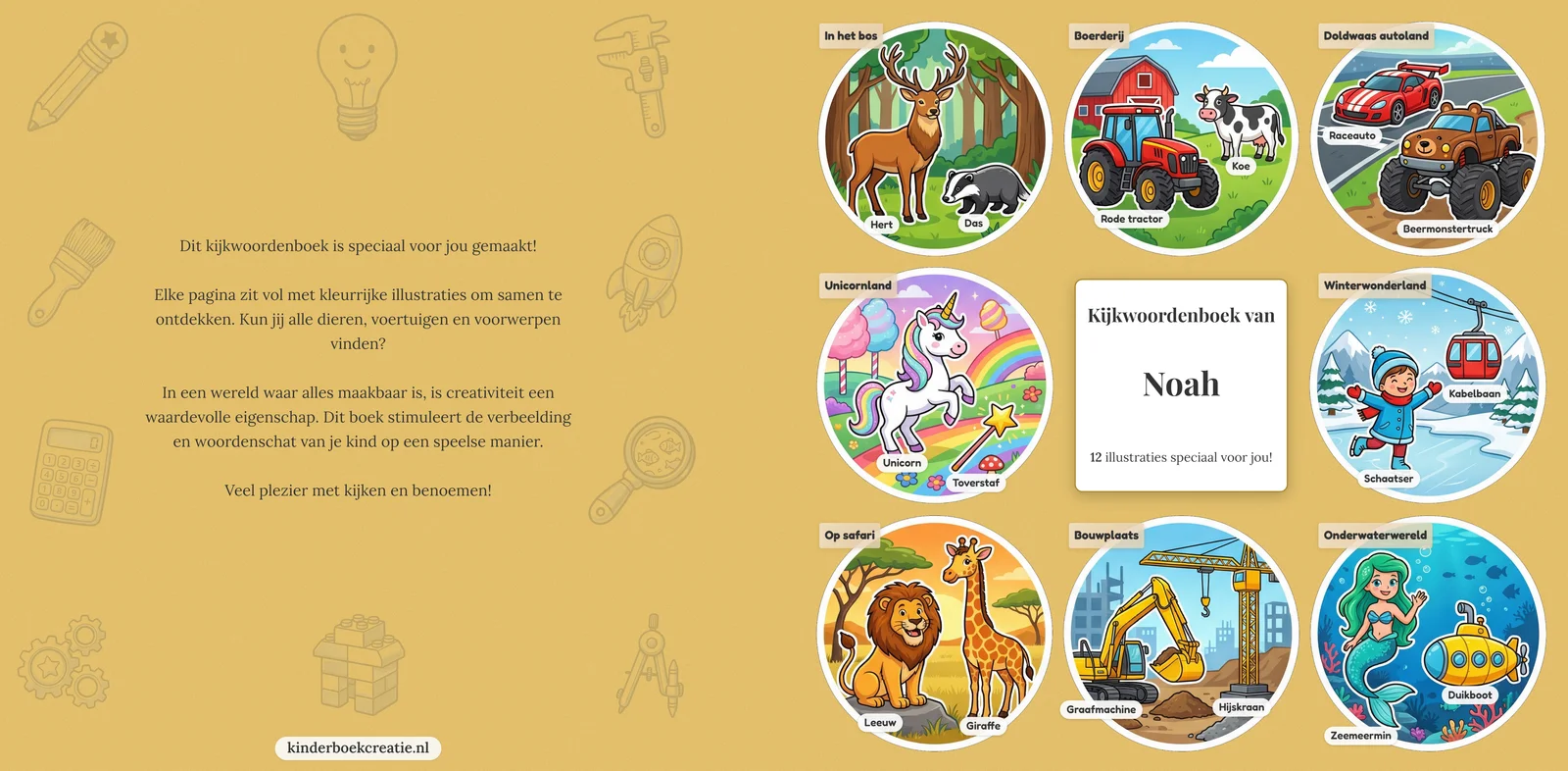 Voorbeeld van een omslag van het kijkwoordenboek met een naam erop in cartoonstijl