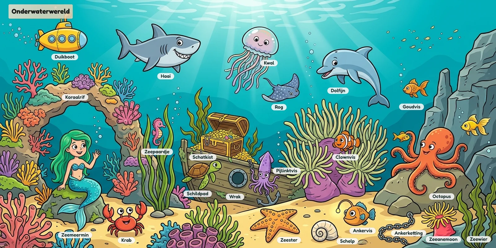 Voorbeeldscene onderwaterwereld in cartoonstijl met vissen en zeedieren met woordjes