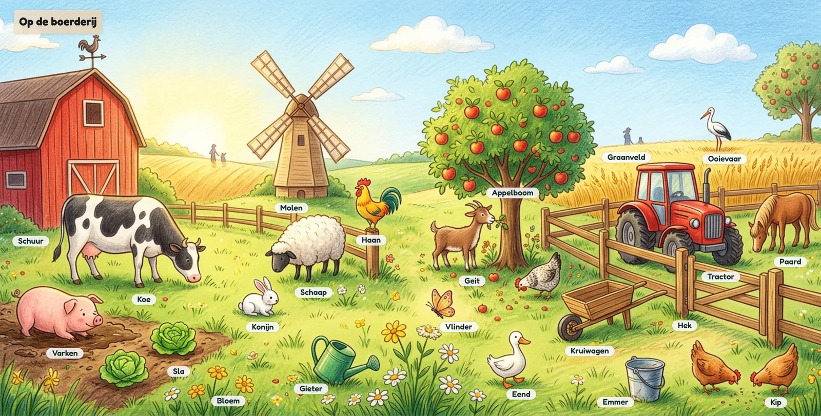Boerderijscene in kleurpotloodstijl met dieren en voorwerpen, elk met een woordje erbij