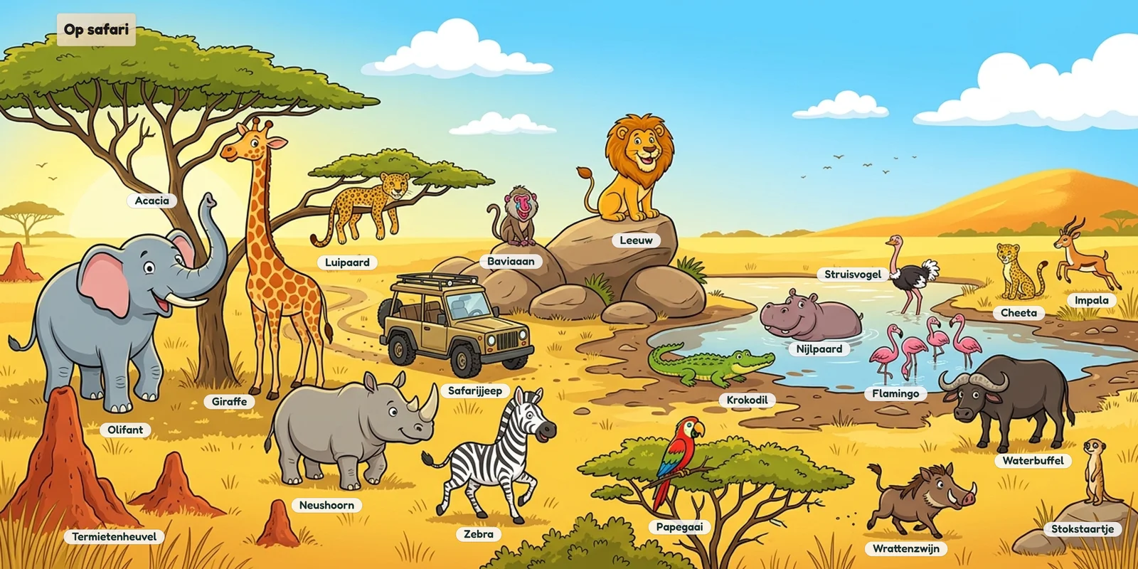 Voorbeeldscene Op safari in cartoonstijl: een savanne vol dieren met een woordje bij elk dier