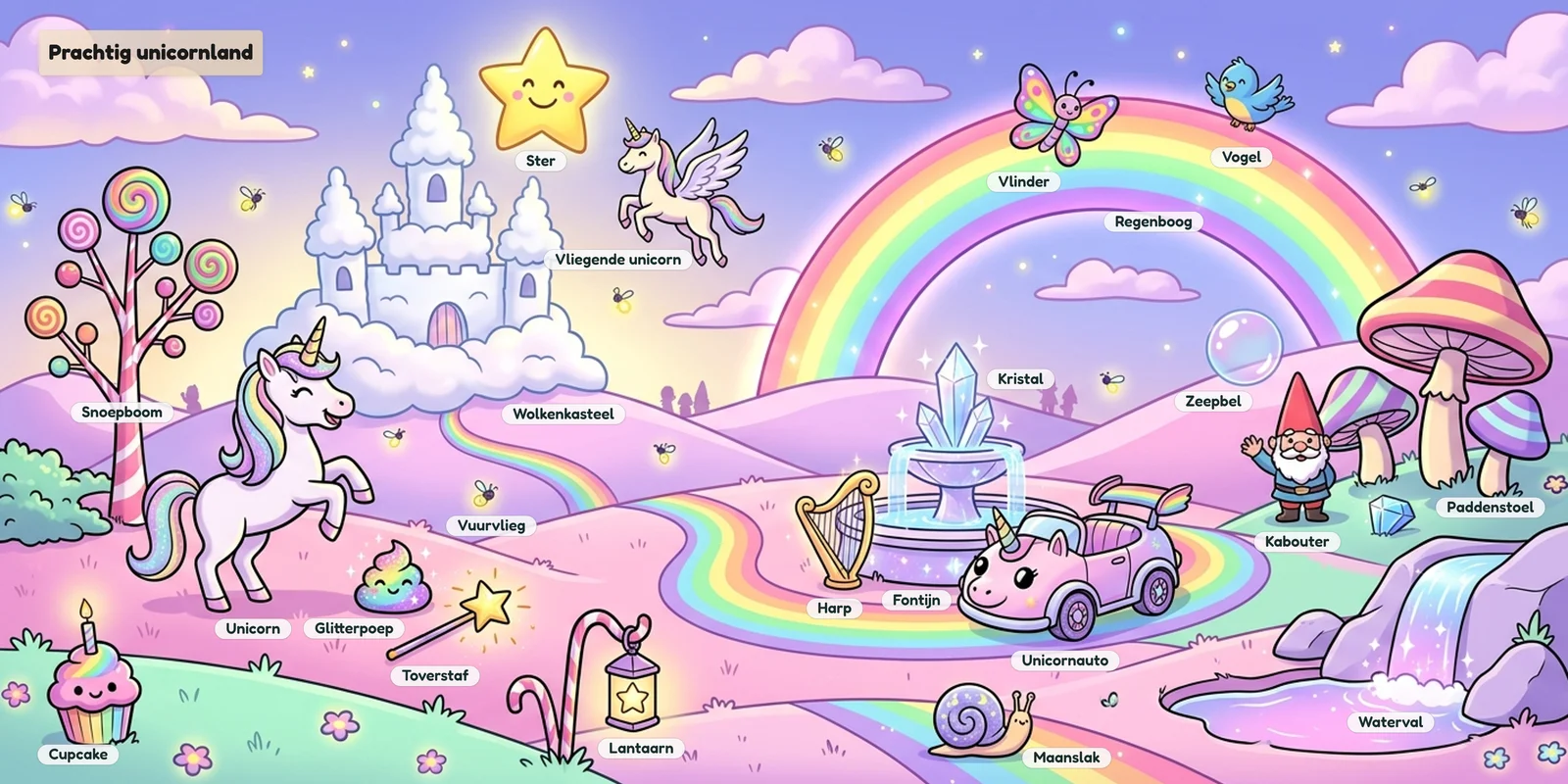 Voorbeeldscene met eenhoorns in cartoonstijl, vol details met een woordje bij elk voorwerp