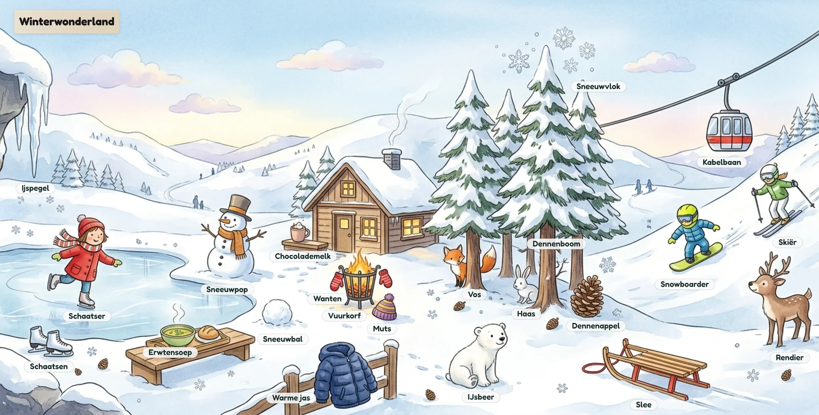 Voorbeeldscene winterlandschap in aquarelstijl met dieren en voorwerpen met woordjes