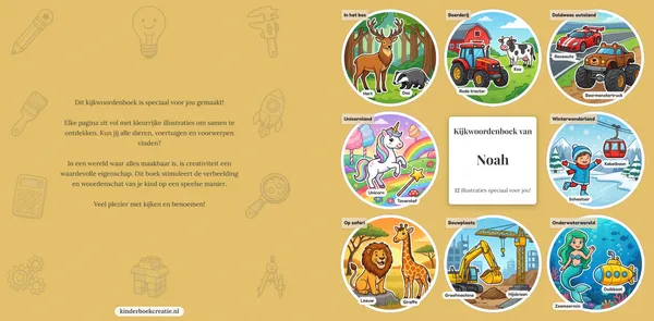 Omslag van een kijkwoordenboek in cartoonstijl met de naam van het kind