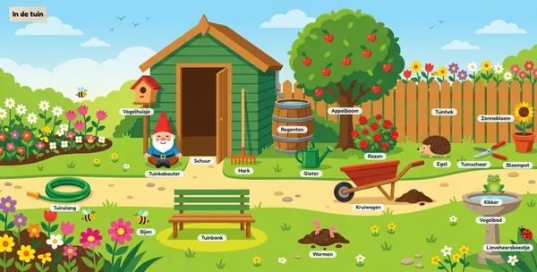 Tuinscene in de stijl plat en vrolijk met planten en gereedschap met woordjes