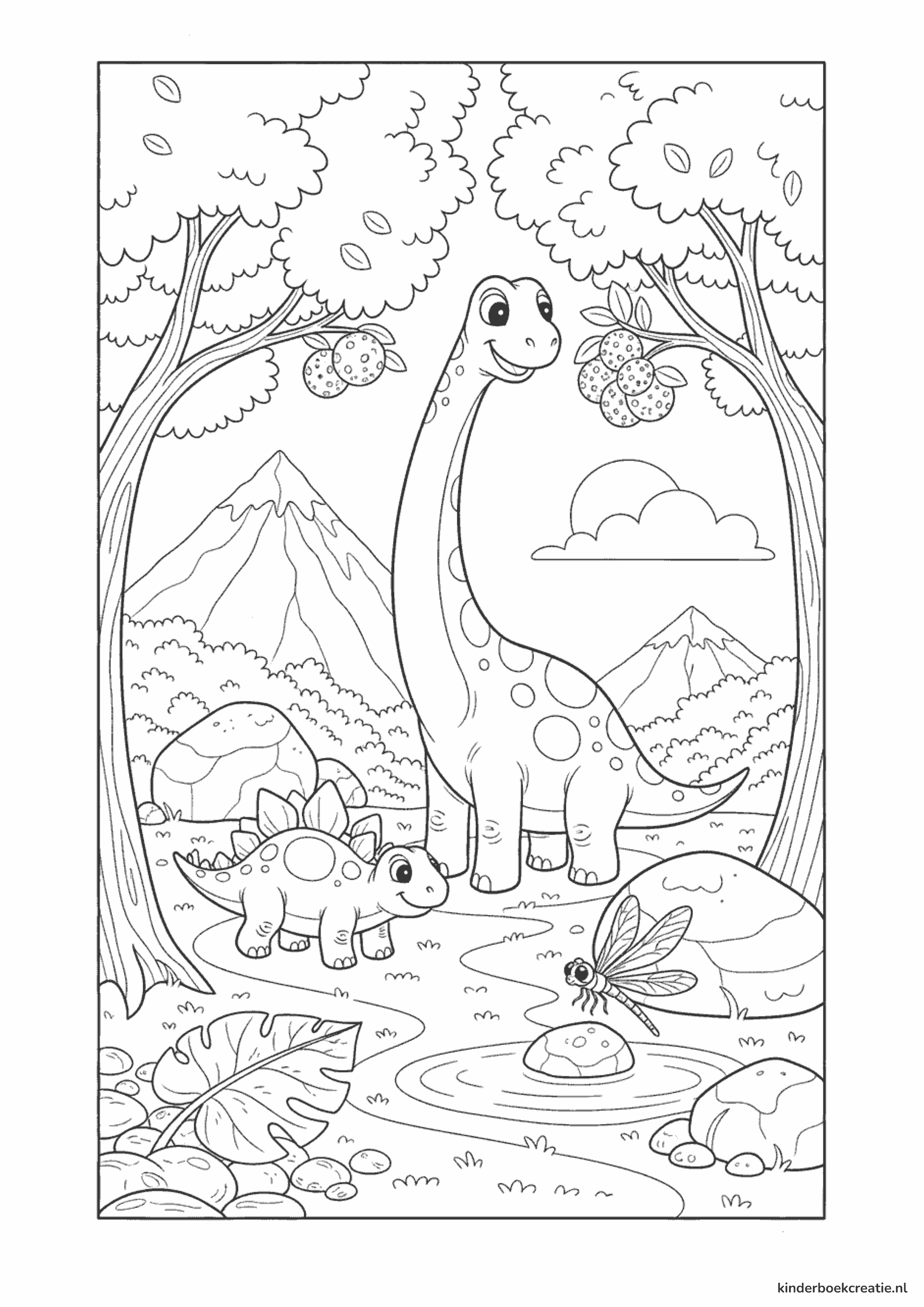 Voorbeeld van een dinosaurus kleurplaat om gratis te printen