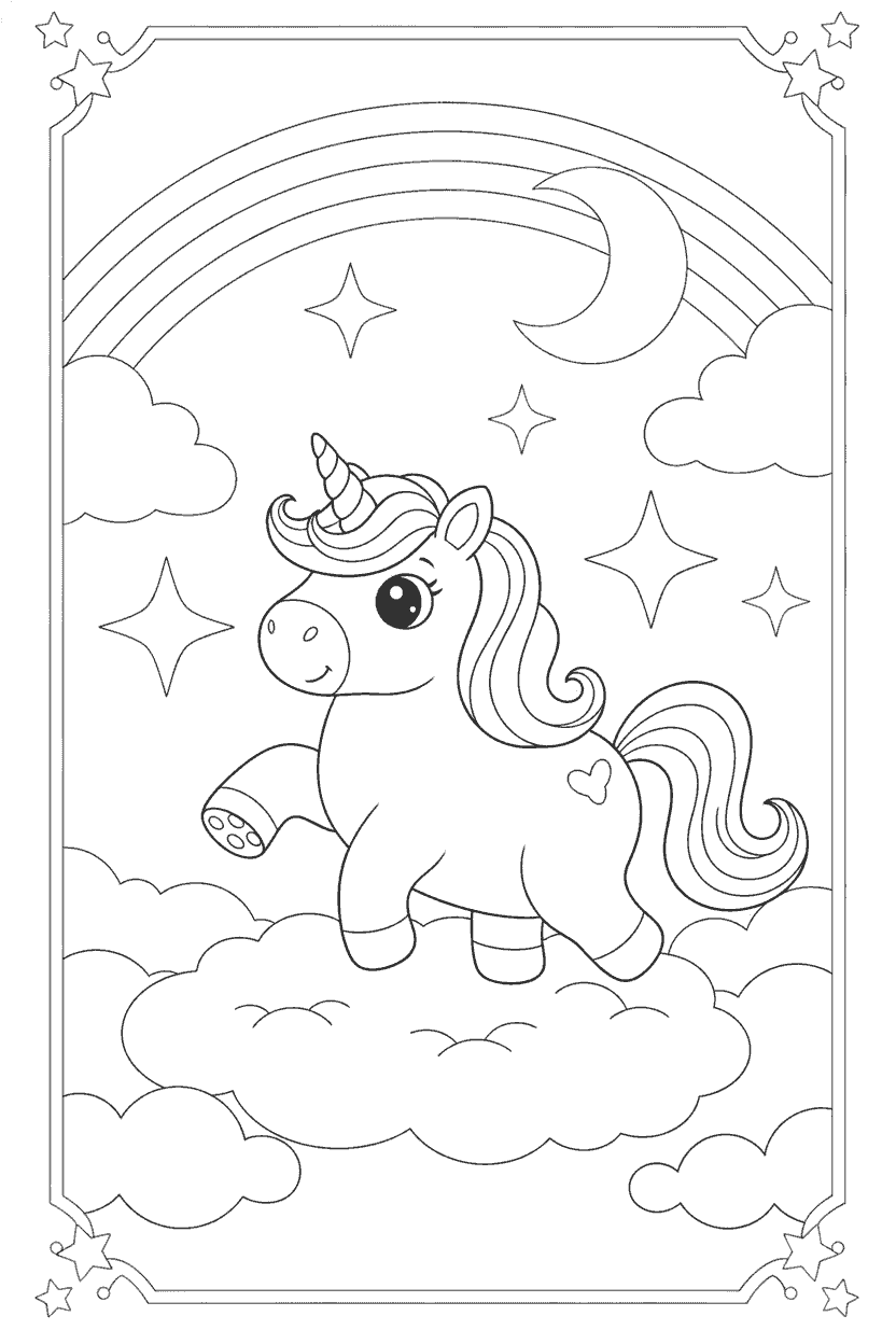 Unicorn kleurplaat voorbeeld 2, gratis te printen op A4