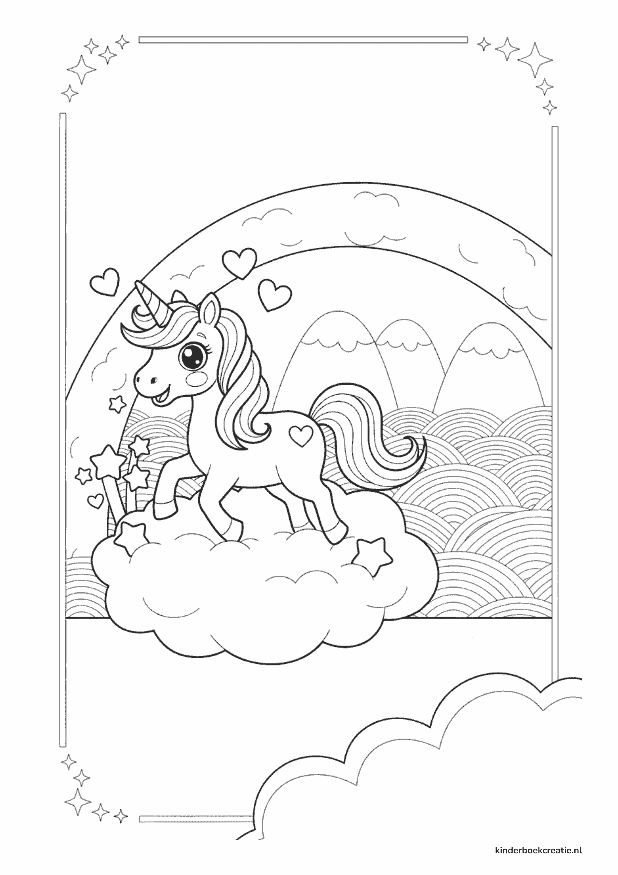 Voorbeeld van een unicorn kleurplaat om gratis te printen